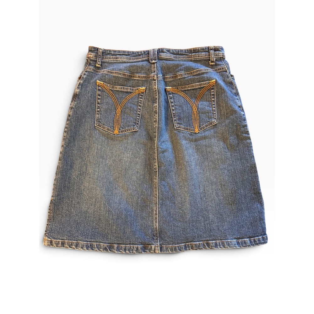 Women Medium Wash Denim Midi Skirt Stitch Pocket Y Detail Size 12